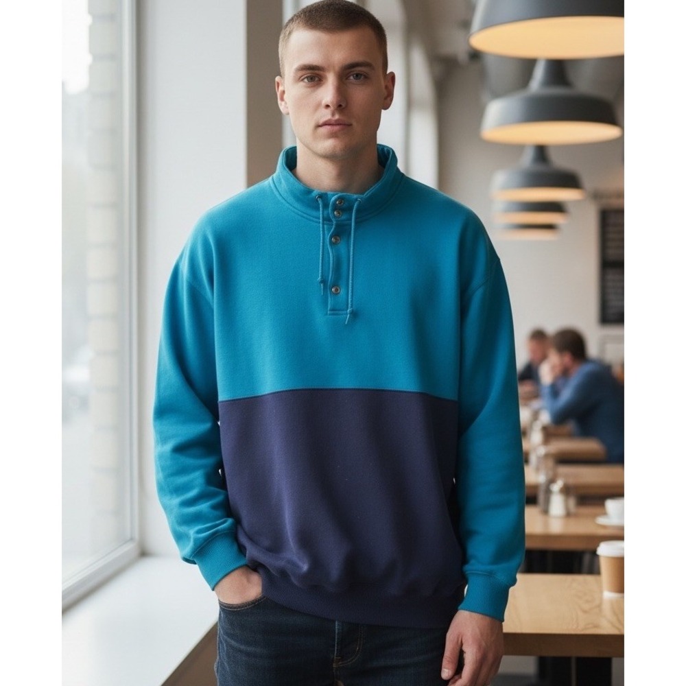 Vintage Cheetah Mervyns Sweatshirt Mens LRG Blue Teal Color-Block Drawstring EUC
